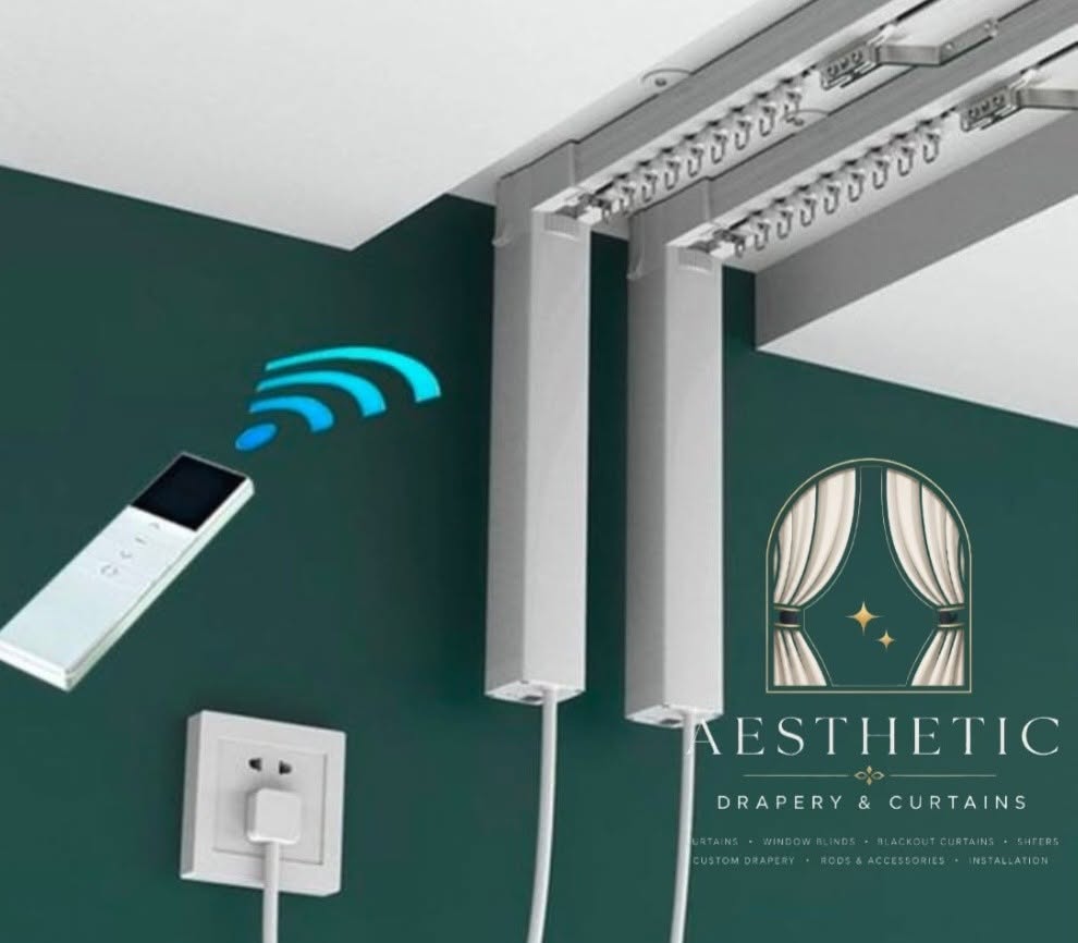 Smart motorized curtains automatically opening inside a modern luxury home installed by Aesthetics Drapery and Curtains Kenya